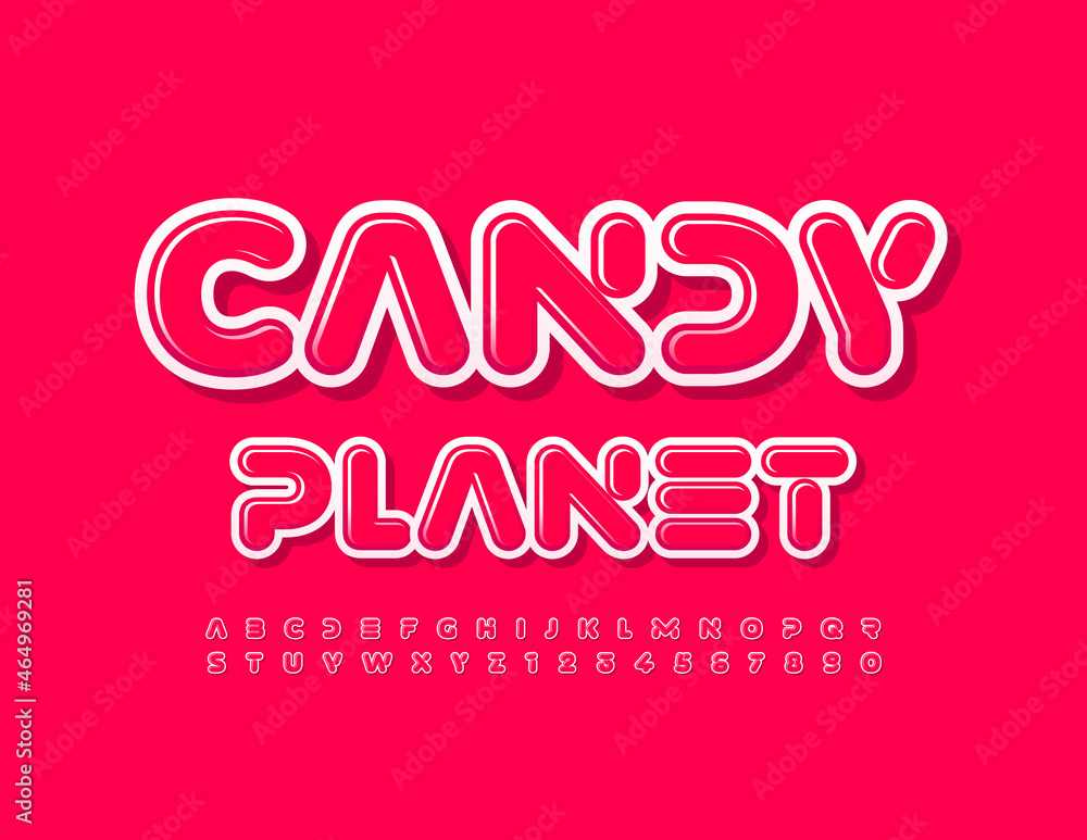 Vector bright Poster Candy Planet. Modern Red Font. Creative Alphabet Letters and Numbers.