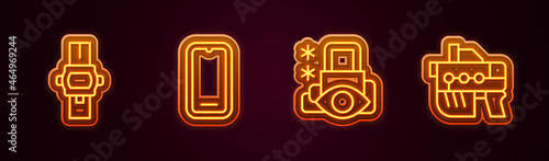 Set line Wrist watch, Mobile phone, Cyber security and Futuristic weapon. Glowing neon icon. Vector