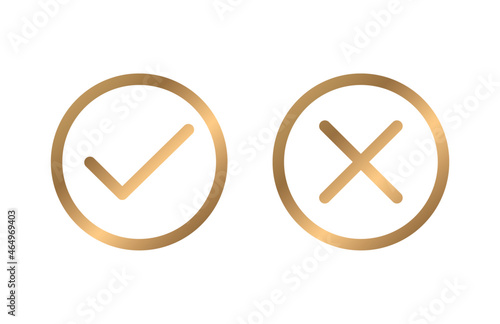 Tick and cross signs. gold checkmark and gold x isolated icons. check mark symbols. Premium vector