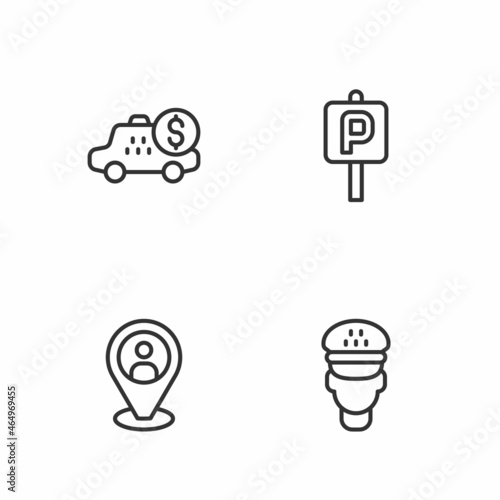 Set line Taxi driver, client, Taximeter device and Parking icon. Vector