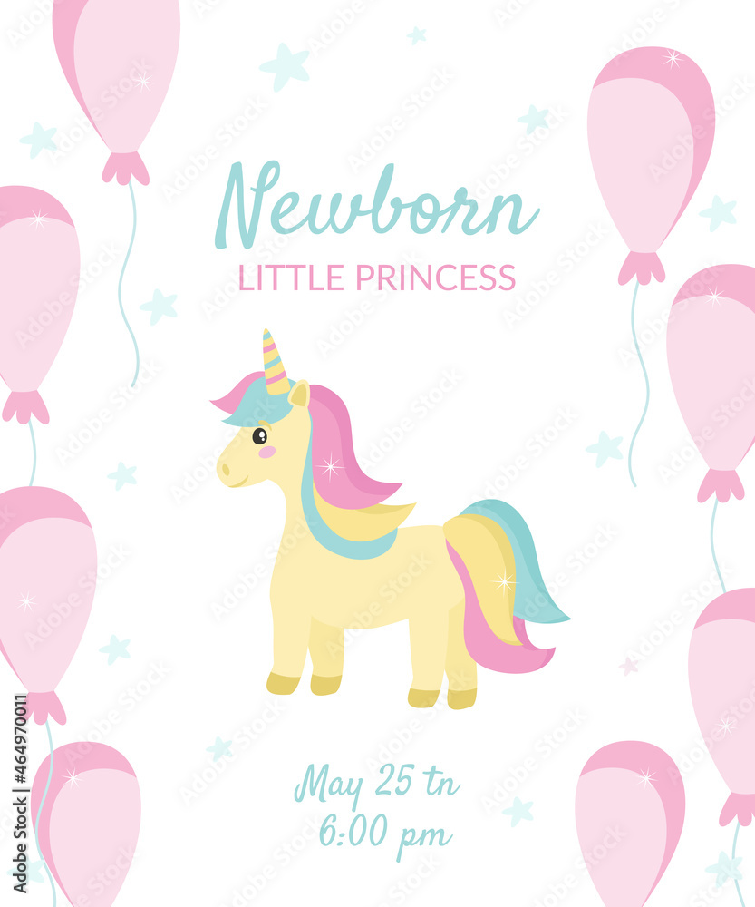 A postcard for a newborn little princess, with a unicorn and balloons. Festive vector illustration in delicate pastel colors. A postcard for a newborn little princess, with a unicorn and balloons. Festive vector illustration in delicate pastel colors.