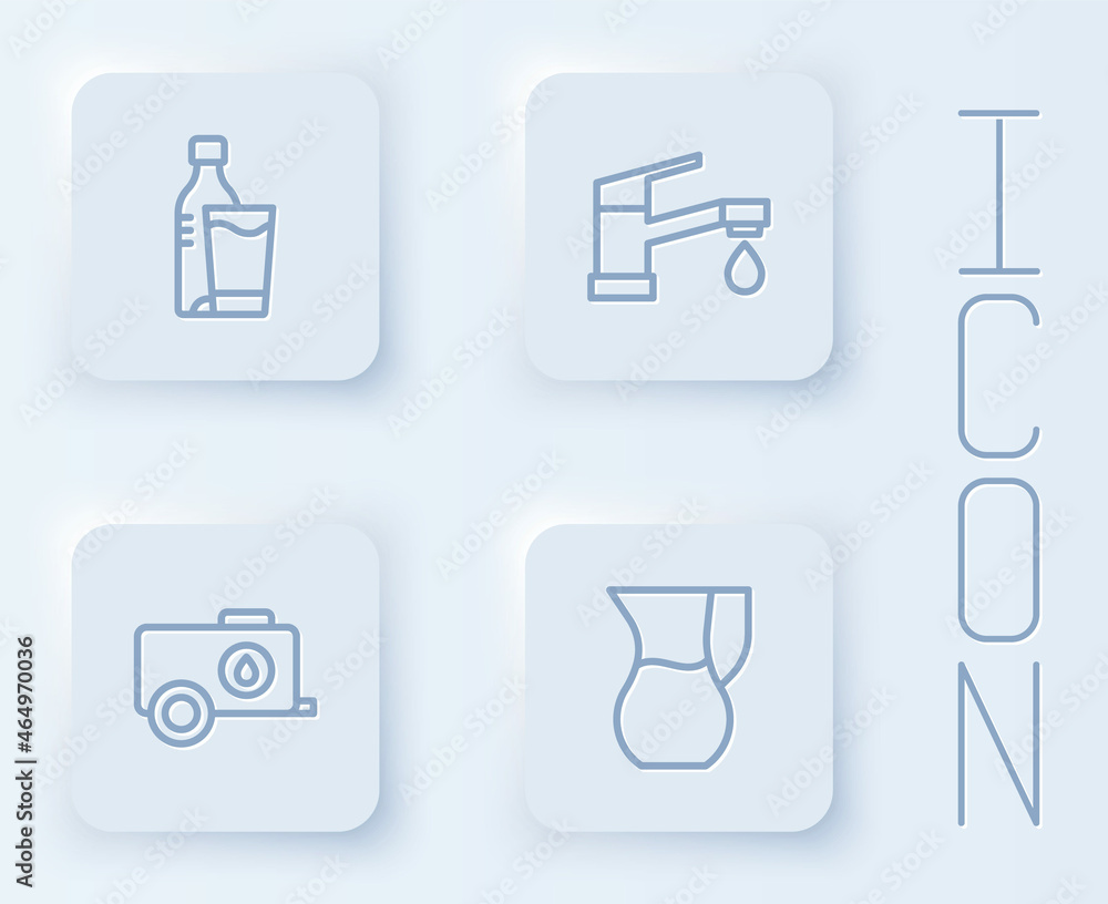 Set line Bottle of water with glass, Water tap, Mobile tank and Jug. White square button. Vector Set line Bottle of water with glass, Water tap, Mobile tank and Jug. White square button. Vector