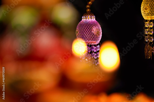 Colorful Modern Lanterns, Akash kandil or Diwali decorative lamps for celebrating Diwali Festival. photo