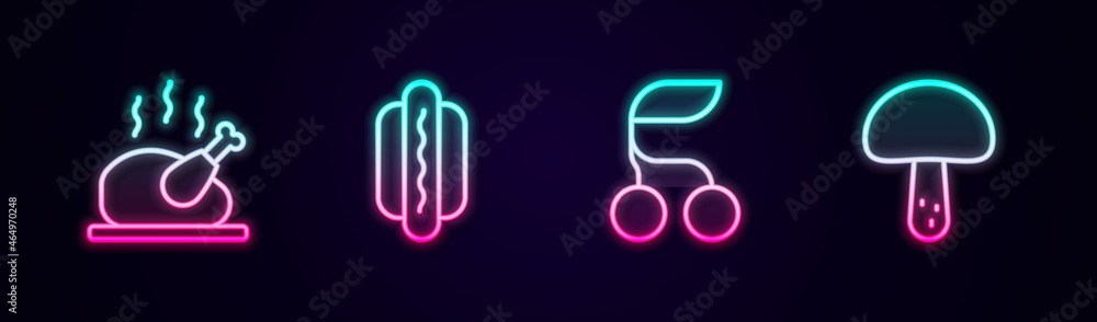 Set line Roasted turkey or chicken, Hotdog, Fresh berries and Mushroom. Glowing neon icon. Vector Set line Roasted turkey or chicken, Hotdog, Fresh berries and Mushroom. Glowing neon icon. Vector