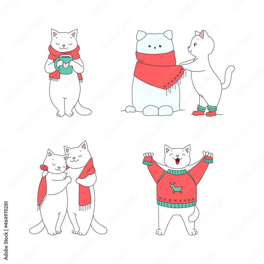 Collection of cute kittens enjoying winter. Illustration of funny white cats with a scurf, a cup of hot beverage, an ugly sweater, a snowman. Collection of cute kittens enjoying winter. Illustration of funny white cats with a scurf, a cup of hot beverage, an ugly sweater, a snowman.