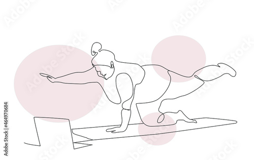 happy overweight obese woman exercising on mat with online video. minimal design for wall art