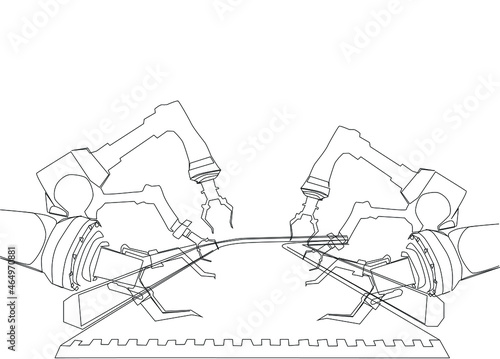 Robot machines working in the process of operation on the belt in the factory. industrial production line and smart machines