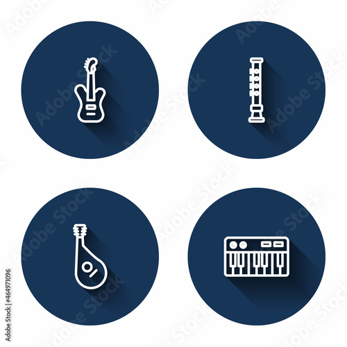 Set line Electric bass guitar, Flute, Bandura and Music synthesizer with long shadow. Blue circle button. Vector