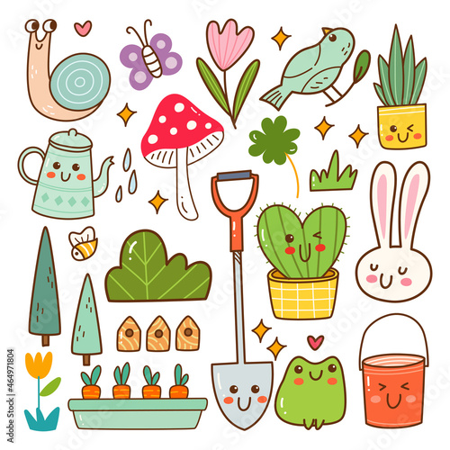 Garden animal and plant kawaii doodle set
