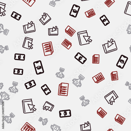 Set line Graduation cap on mobile, Online book, Award cup and quiz, test, survey on seamless pattern. Vector