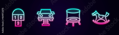 Set line Hopscotch, Swing car, Jumping trampoline and Horse saddle swing. Glowing neon icon. Vector