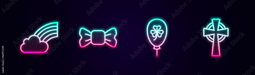 Set line Rainbow with cloud, Bow tie, Balloon clover trefoil leaf and Celtic cross. Glowing neon icon. Vector Set line Rainbow with cloud, Bow tie, Balloon clover trefoil leaf and Celtic cross. Glowing neon icon. Vector