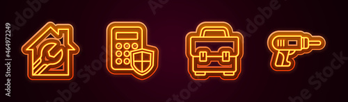 Set line House with wrench spanner, Security keypad access panel, Toolbox and Electric drill machine. Glowing neon icon. Vector