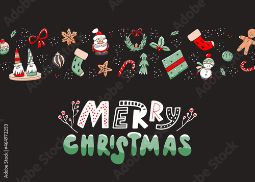 Christmas horizontal background with doodles and lettering. Merry Christmas inscription. Vector illustration with hand drawn elements