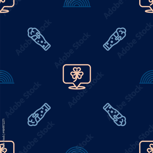 Set line Rainbow, Glass of beer and Clover trefoil leaf on seamless pattern. Vector