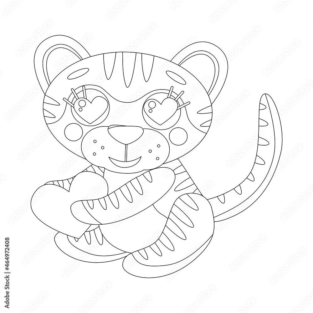 custom made wallpaper toronto digitalColoring page of book for kids. Vector cute linear tiger cub, holding heart. Symbol of 2022 new year. Valentine's Day concept. Isolated on white background