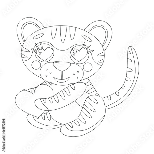 Wallpaper Mural Coloring page of book for kids. Vector cute linear tiger cub, holding heart. Symbol of 2022 new year. Valentine's Day concept. Isolated on white background Torontodigital.ca