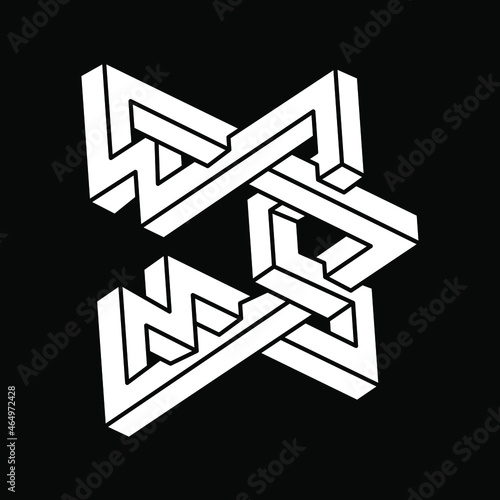 Impossible object. Optical illusion shapes. 3d illustration. Escher paradox. Geometric figures.