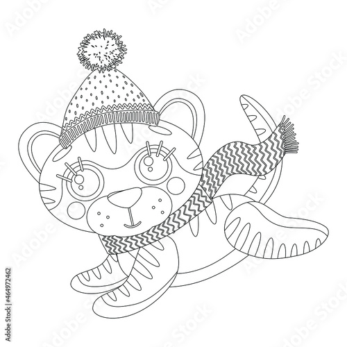 Wallpaper Mural Coloring page of book for kids. Vector cute linear tiger cub, running in winter hat and scarf. Symbol of 2022 new year. Isolated on white background Torontodigital.ca
