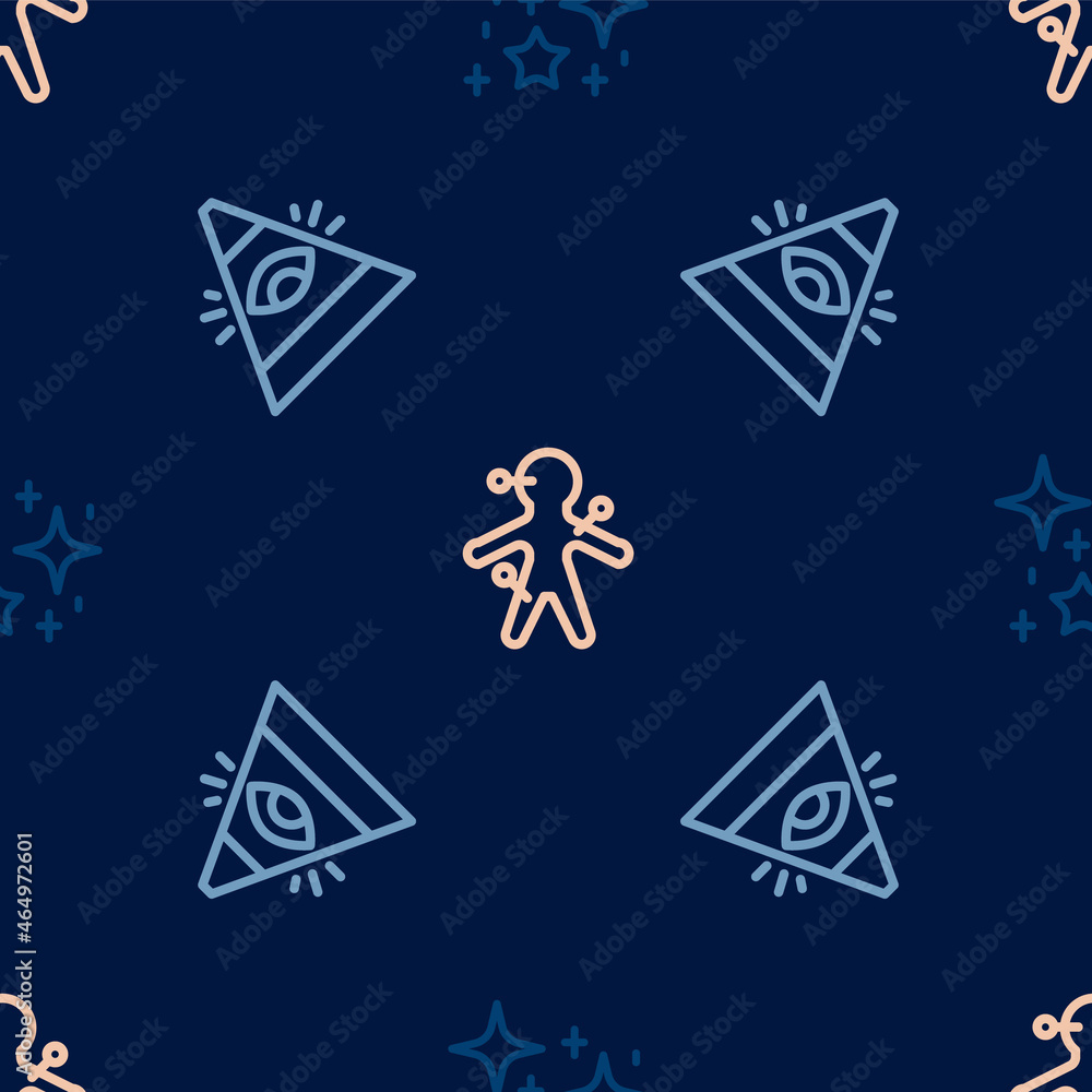 Set line Magical glitter particles, All-seeing eye of God and Voodoo doll on seamless pattern. Vector Set line Magical glitter particles, All-seeing eye of God and Voodoo doll on seamless pattern. Vector