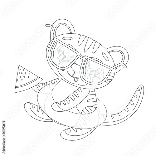 Wallpaper Mural Coloring page of book for kids. Vector cute linear tiger cub, holding slice of watermelon, in sun glasses, with swimming circle. Summer concept. Symbol of 2022 new year. Isolated on white background Torontodigital.ca