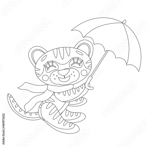 Wallpaper Mural Coloring page of book for kids. Vector cute linear tiger cub, in autumn scarf, with umbrella. Symbol of 2022 new year. Isolated on white background Torontodigital.ca