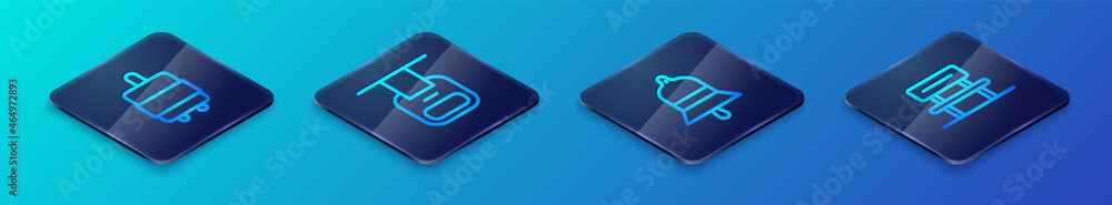 Set Isometric line Train station bell, Suitcase, Waiting hall and Cable car icon. Vector Set Isometric line Train station bell, Suitcase, Waiting hall and Cable car icon. Vector
