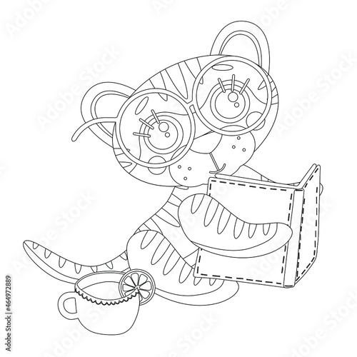 Wallpaper Mural Coloring page of book for kids. Vector cute linear tiger cub, reading a book in glasses. Symbol of 2022 new year. Isolated on white background Torontodigital.ca
