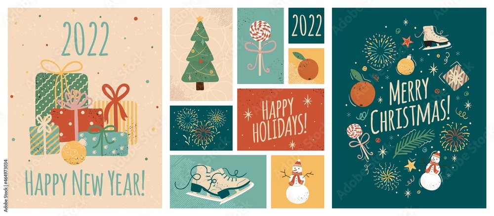 Merry christmas and happy new year greeting cards template. Vector set of winter holiday illustrations in vintage style. Christmas tree and gifts. 2022 new year hand drawn poster