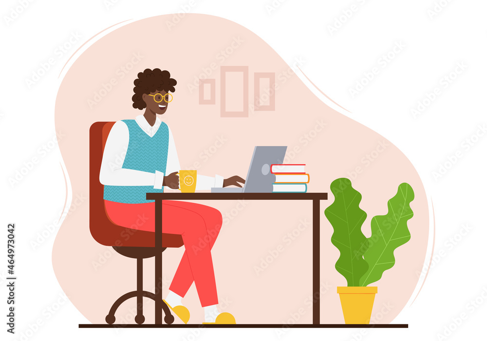 A happy adult woman in a knitted vest and trousers is sitting at a table with a laptop. A modren lady with dark skin and hair uses the Internet. Color vector illustration on a spot background.