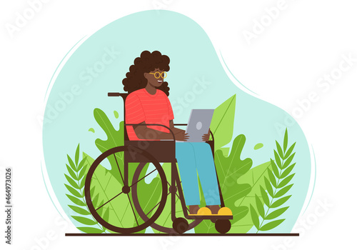 A happy adult woman is sitting with a laptop in a wheelchair on a background of leaves. A smiling lady with disabilities uses a computer in the park. Color vector illustration on a spot background.