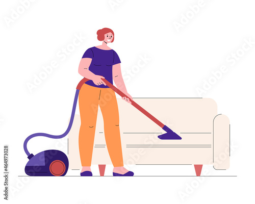 Young woman housewife housekeeper makes cleaning vacuums the sofa. Vector illustration in flat style.