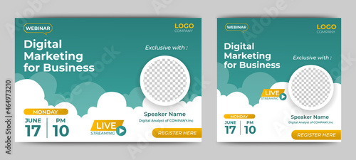 Digital Marketing for Business live webinar banner invitation and social media post template. Business webinar invitation design