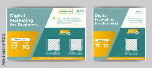 Digital Marketing for Business live webinar banner invitation and social media post template. Business webinar invitation design