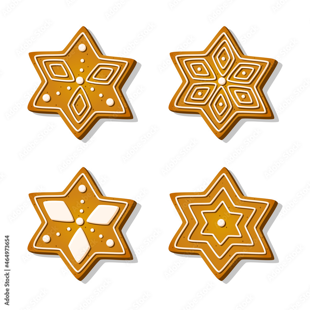 Christmas cookies gingerbread in shape of stars with sugar icing in a cartoon style. Festive sweet cookies on white background. Homemade dessert. Vector illustration Christmas cookies gingerbread in shape of stars with sugar icing in a cartoon style. Festive sweet cookies on white background. Homemade dessert. Vector illustration
