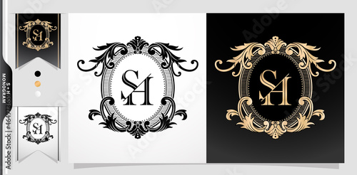 illustration of a SH or HS monogram, coat of arms SH initial letter. graphic name Frames and Border of floral designs, applicable for insignia, wedding couple name, badge label premium design