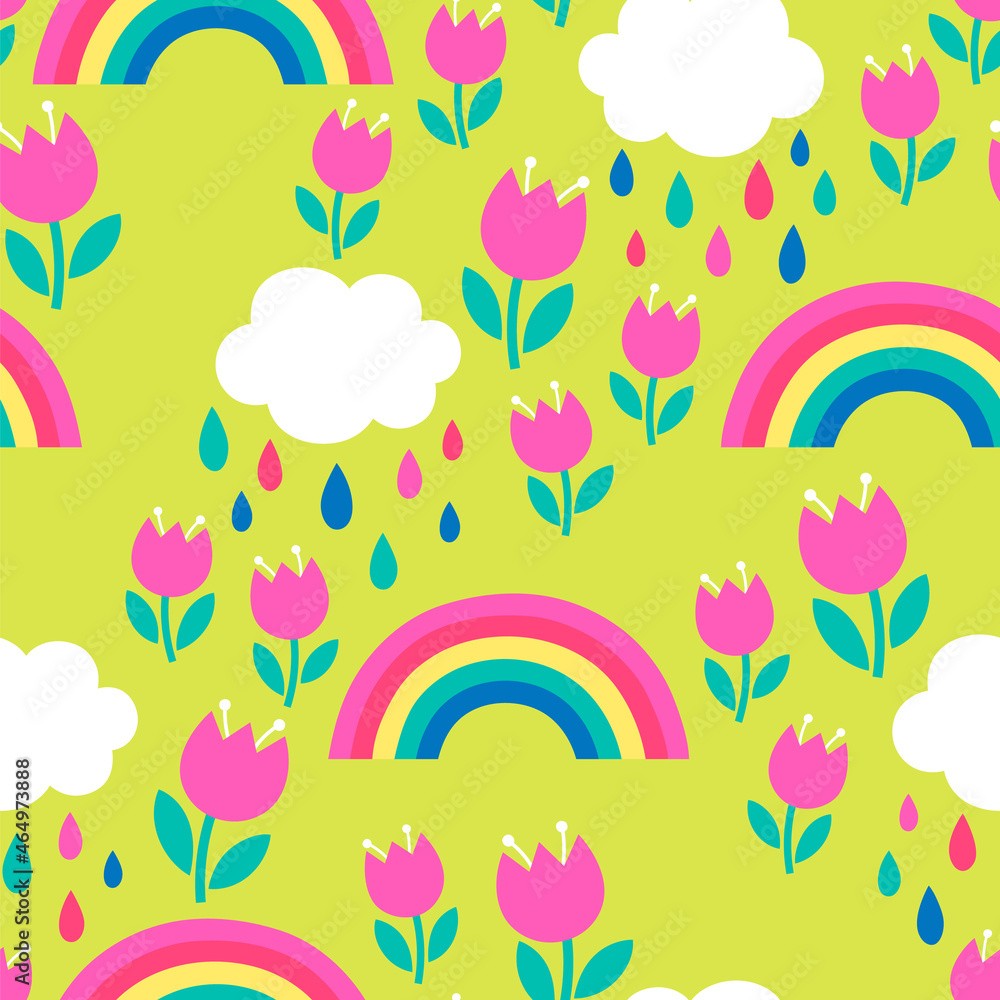 Cute hand drawn tulip, rainbow and cloud seamless pattern background.