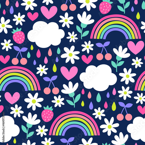 Cute hand drawn floral, fruit, rainbow and cloud seamless pattern background.