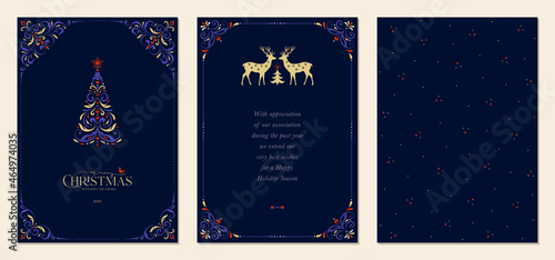 Luxury Corporate Holiday cards with Christmas tree, reindeers, bird, decorative ornate frame, background and copy space. Universal artistic templates.