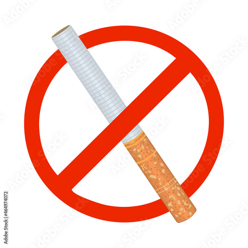 No smoking sign isolated on white background. Forbidden smoking zone signboard. Red circle mark with cigarette for non smoking area. Stop smoking icon.Cigarette in prohibition sign.Vector illustration