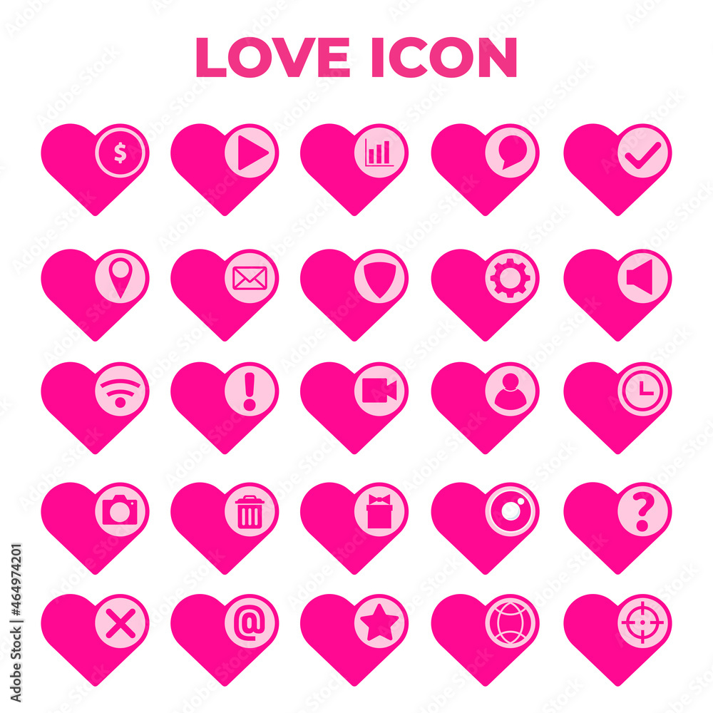 set of flat design pink heart love icon