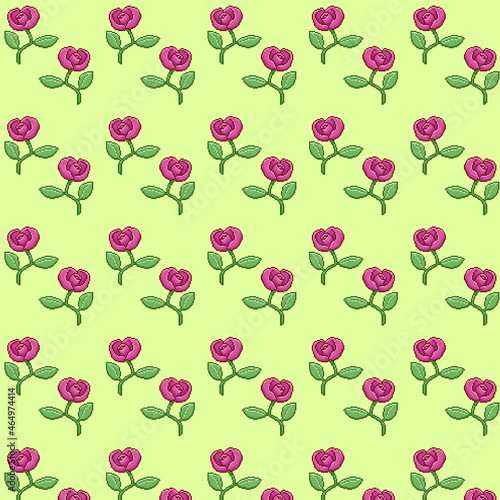 simple vector pixel art multicolor endless pattern of red rose or tulip with a leaf. seamless pattern of red rose or tulip in the style of retro video games © George_Chairborn