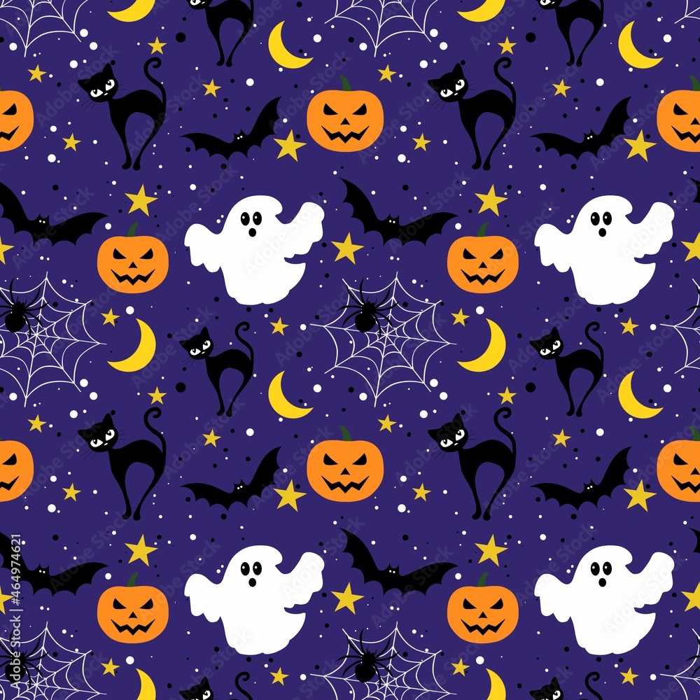 Fototapeta premium Halloween pattern. Bat, moon, broom, cauldron, witch, bones, skull, ghost. Halloween night. Halloween holiday.