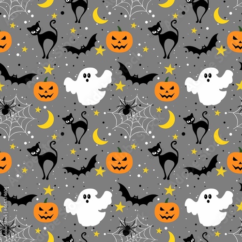 Halloween pattern. Bat, moon, broom, cauldron, witch, bones, skull, ghost. Halloween night. Halloween holiday.