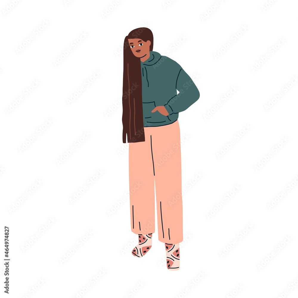 Woman in modern home clothes, comfy hoody, pants and warm socks. Female wearing cozy outfit, winter apparel. Black person fashion homewear. Flat vector illustration isolated on white background Woman in modern home clothes, comfy hoody, pants and warm socks. Female wearing cozy outfit, winter apparel. Black person fashion homewear. Flat vector illustration isolated on white background