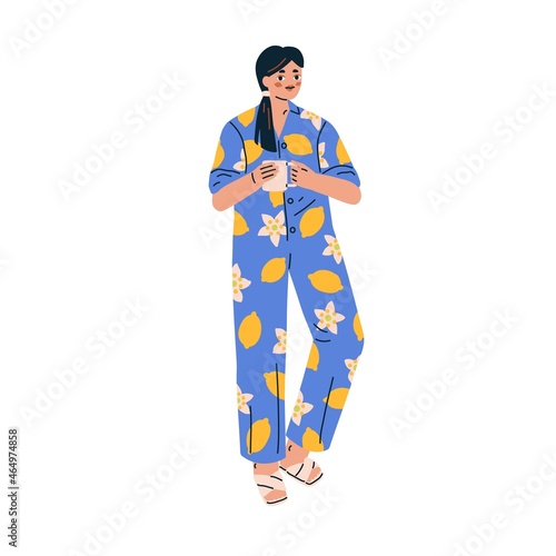 Woman in comfy pajamas with morning coffee cup. Female in fashion home clothes, sleepwear and cozy slippers. Person in modern outfit, pyjamas. Flat vector illustration isolated on white background