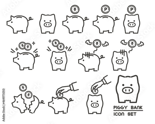 さまざまなシチュエーションのブタの貯金箱のベクターイラスト素材／貯金／お金／貯蓄
