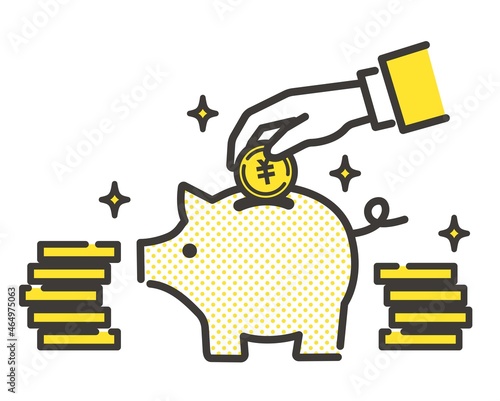 ブタの貯金箱にお金を入れる手のベクターイラスト素材／貯金／お金／貯蓄