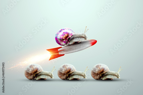Uniqueness, a multi-colored snail takes off on a rocket against the background of snails. Competitive advantage, standing out from the crowd, thinking outside the box. 3D render, 3D illustration.
