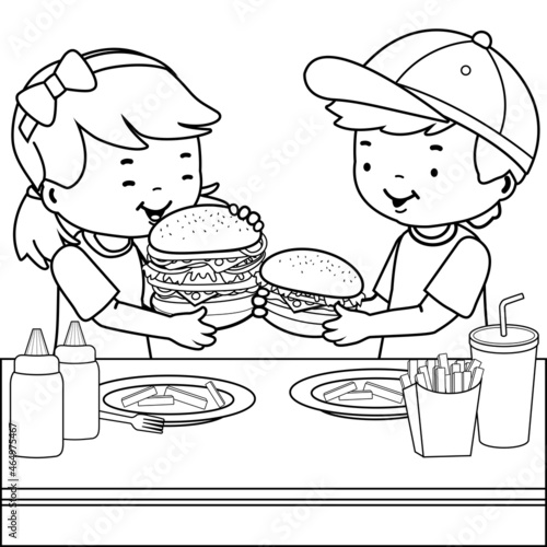 Children at a fast food restaurant eating hamburgers. Vector black and white coloring page.